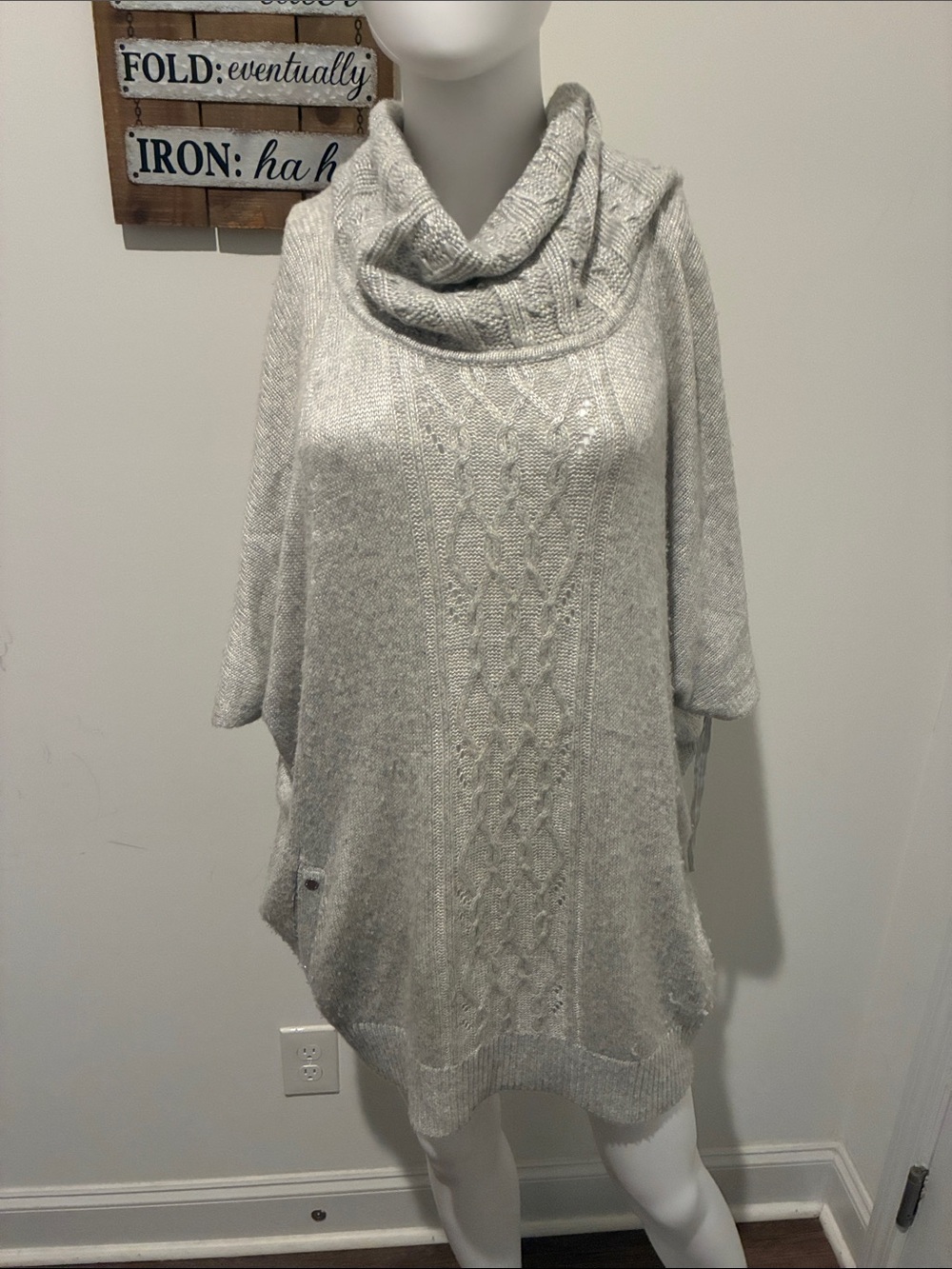 White House Black Market Light Gray Cable Cowl Neck Tunic Sweater